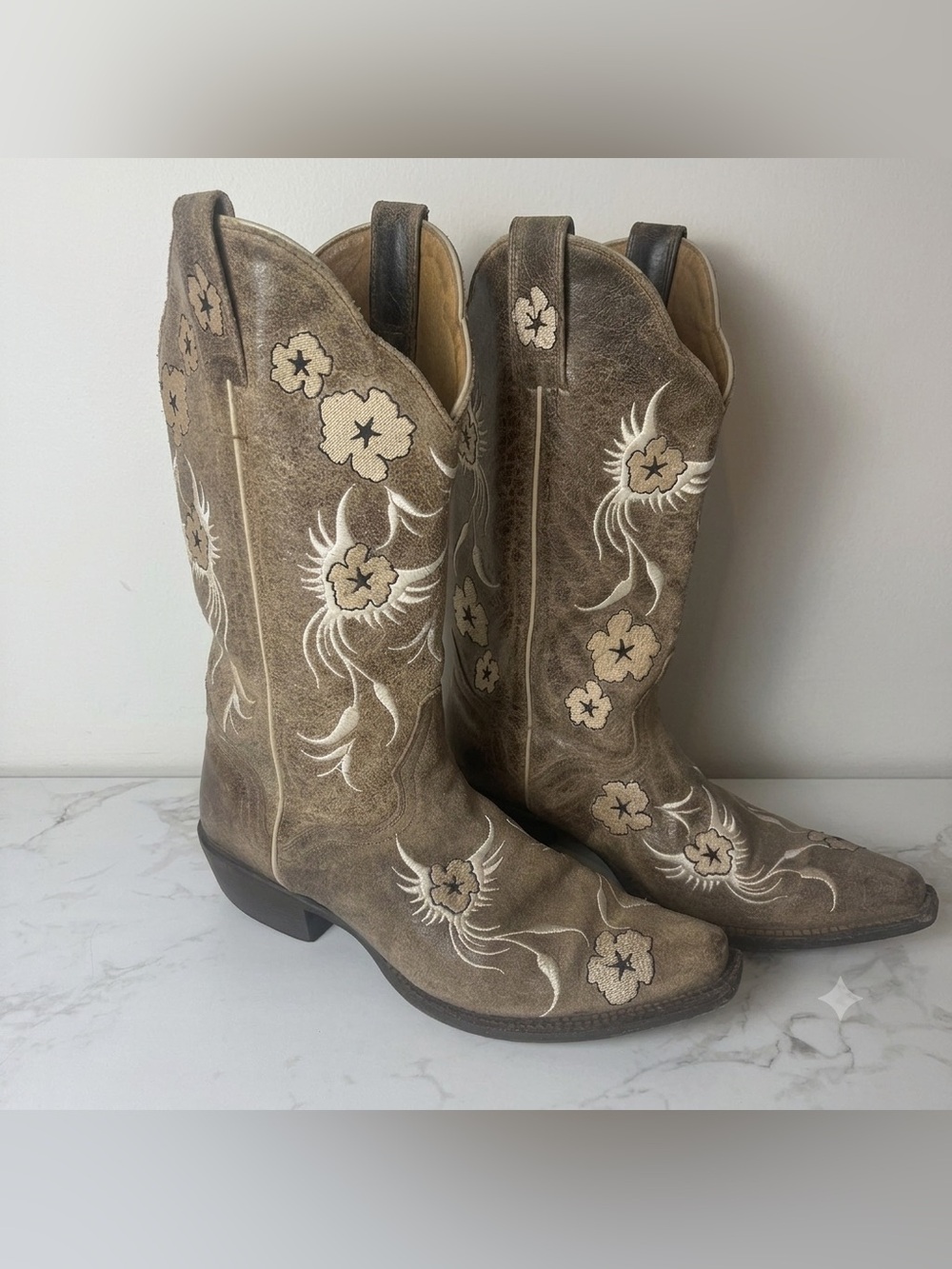 JB DILLON Women's Western Boots 8.5 B Brown Leather Floral Embroidered Snip Toe